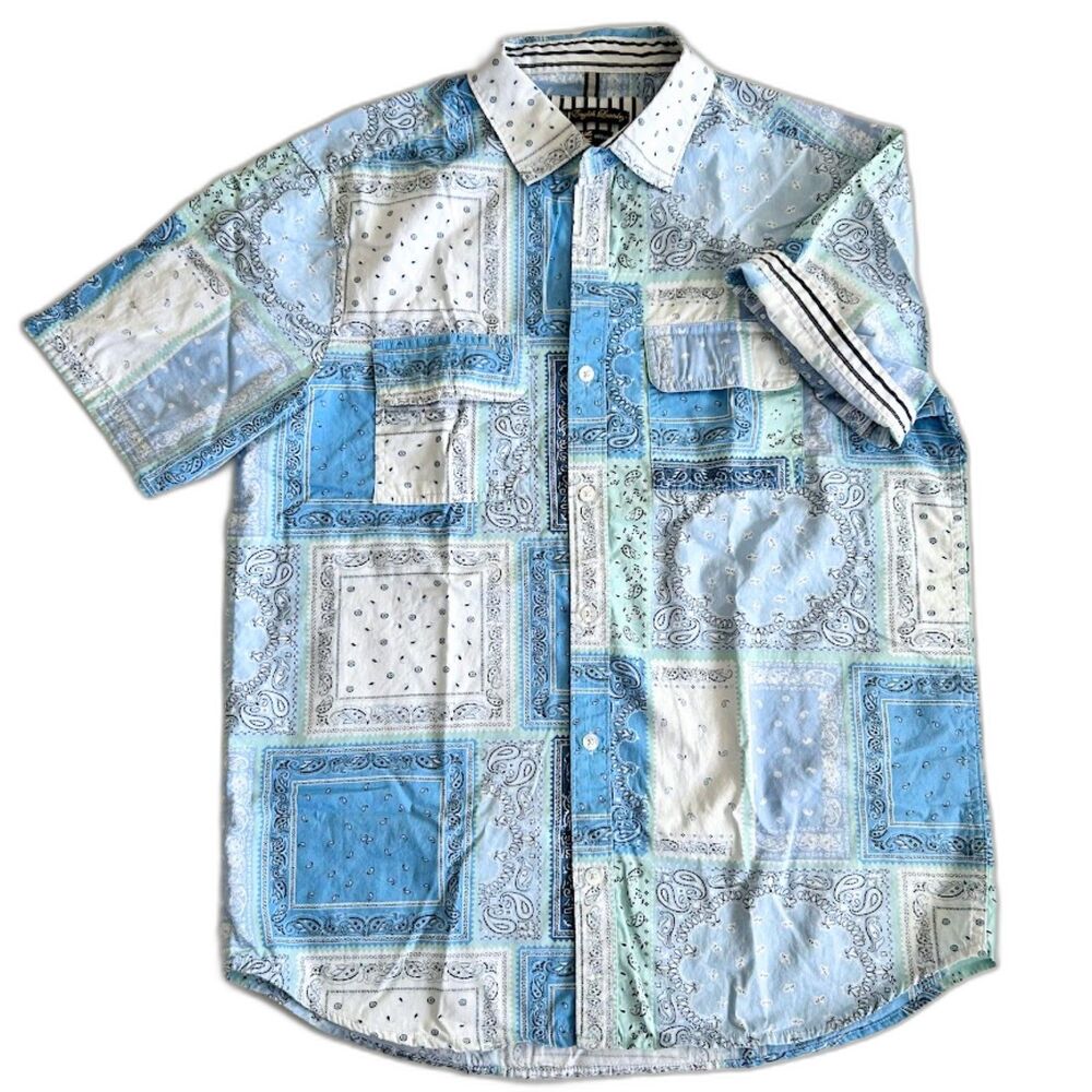English Laundry Paisley Bandana Patchwork Blue White Short Sleeve Shirt Mens M